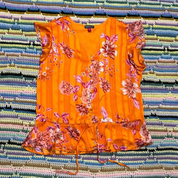 Vince Camuto Orange Rio Gardens floral v-neck button down peplum top blouse - Picture 1 of 7